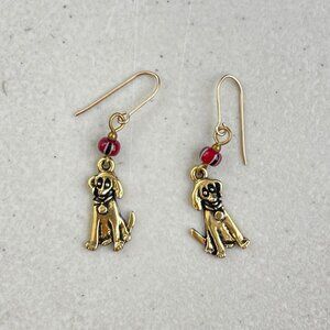 Vintage dog earrings 1990s puppy shape gold color pierced earrings small dangle